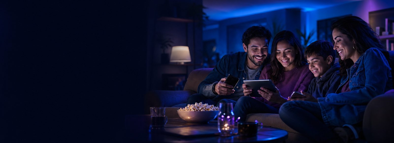 Familia disfrutando varias apps de streaming en casa